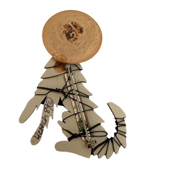 Vintage Liz Tech artist howling wolf  metal, wood & bead brooch pin southwestern - Picture 2 of 5